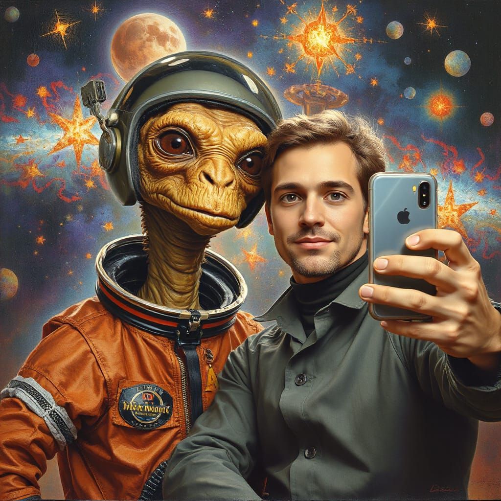 Selfie photograph with a friendly E.T. alien Outer Space   by @Steve Dufour