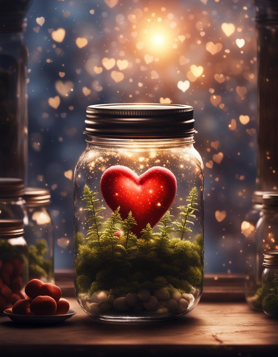 Mason Jar with Heart Bokeh, Digital Matte Painting