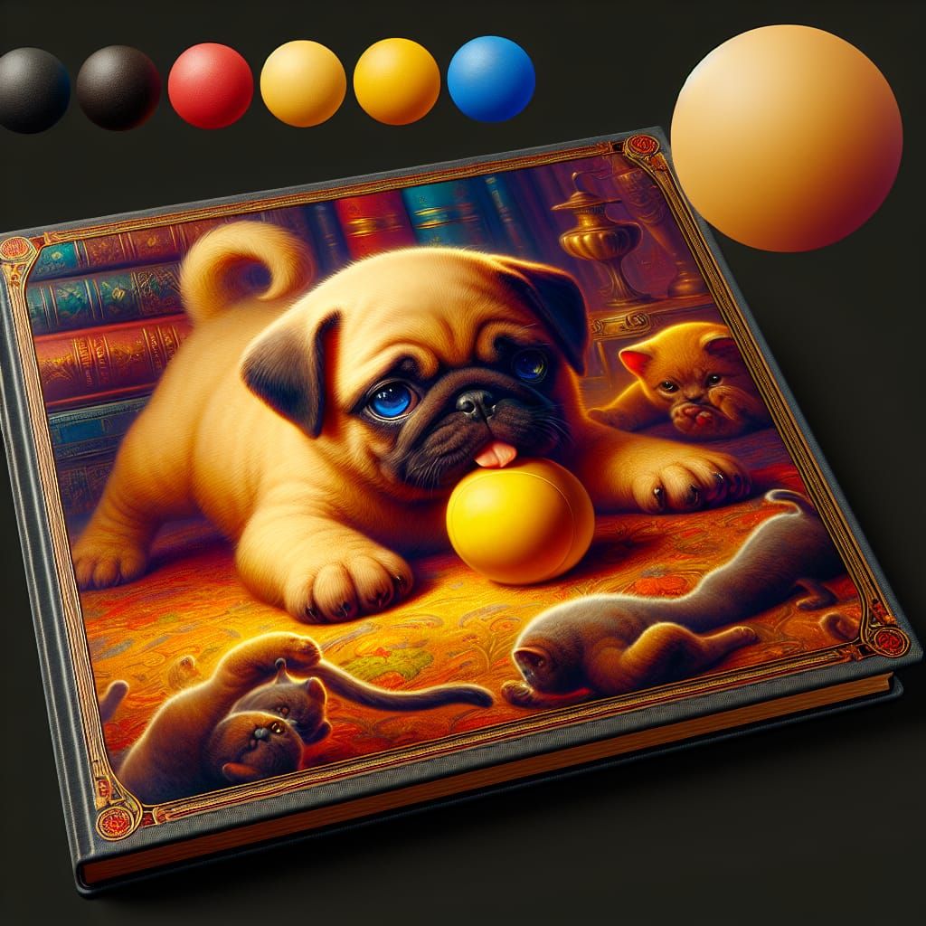 A mischievous puppy, a pug pounces on a little ball in yello...