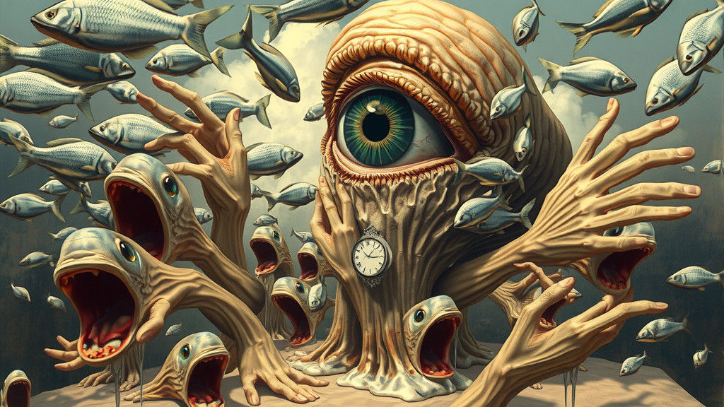 Surreal Salvador Dali style grotesque image, eye, mouths, ha...