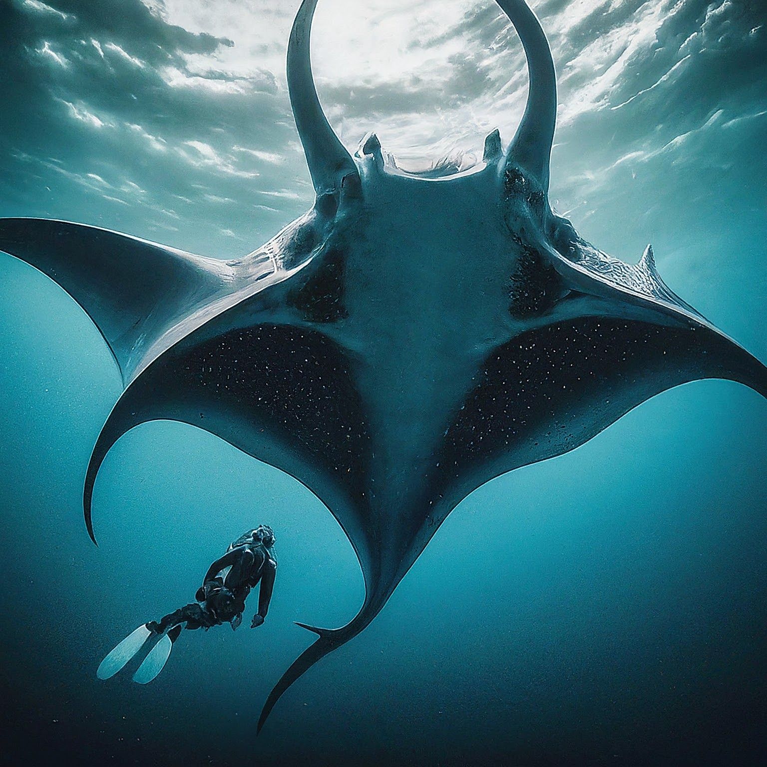 A scuba diver is swimming over a giant manta ray
