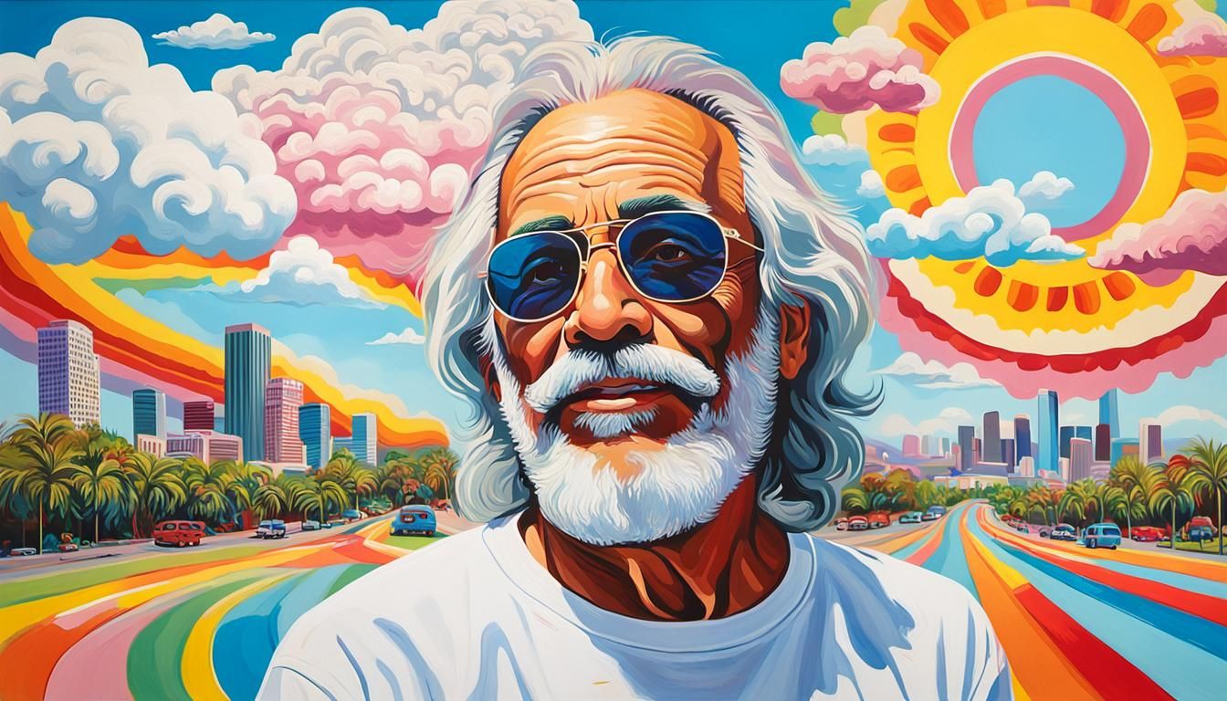 TOMMY CHONG, WEARING SUNGLASSES, WHITE TEE SHIRT , BRIGHT SU...