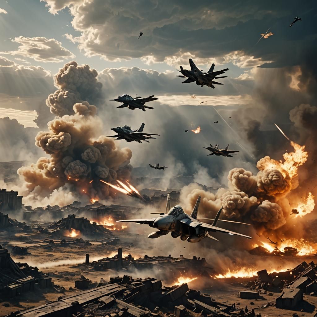 VF-1 Valkeryies fighting on a battlefield; elaborate scene with a lot of major difficult perspectives in a grandiose environment surrounded...