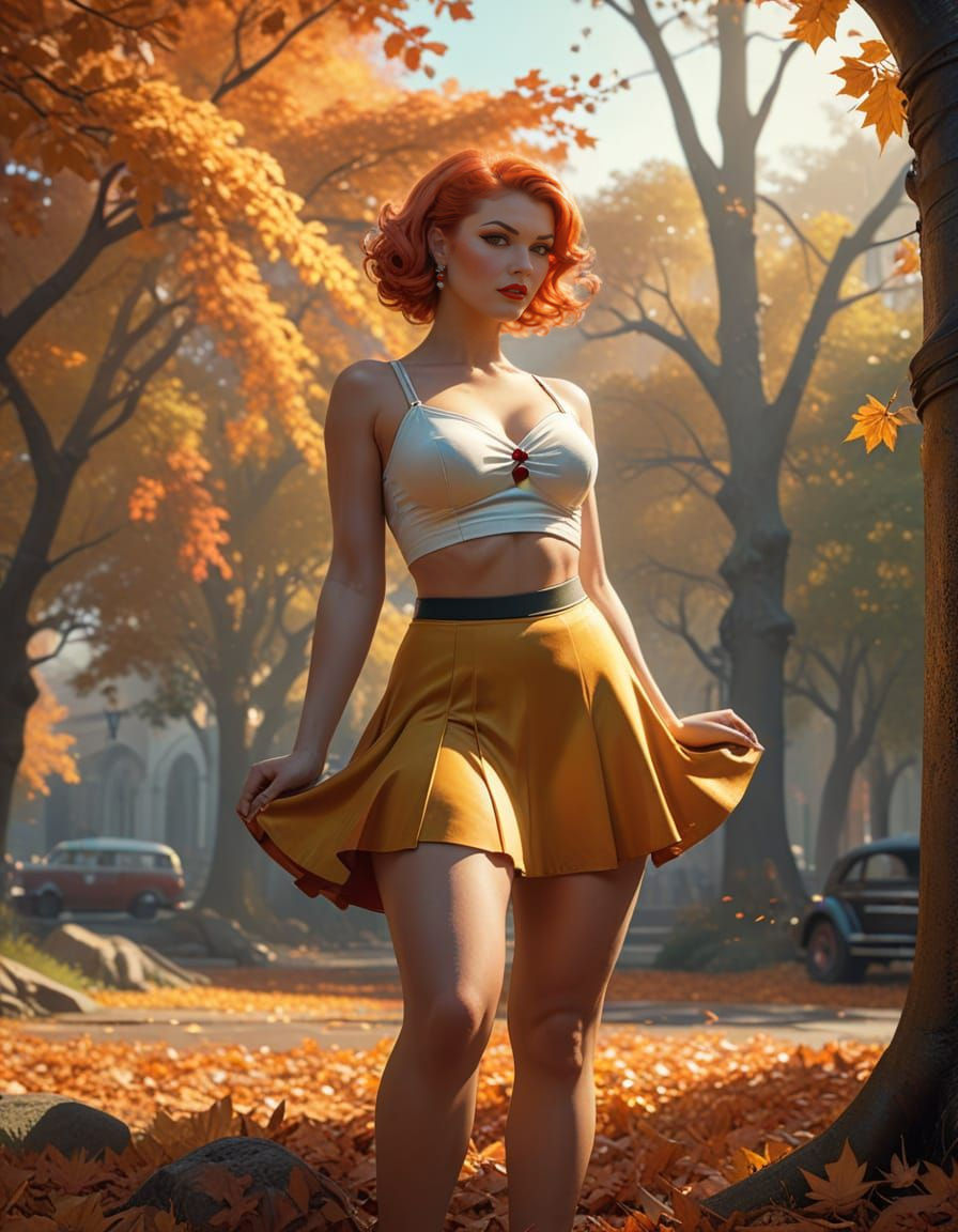 Autumn Pin-Up Woman in 50s Cheerleader Outfit