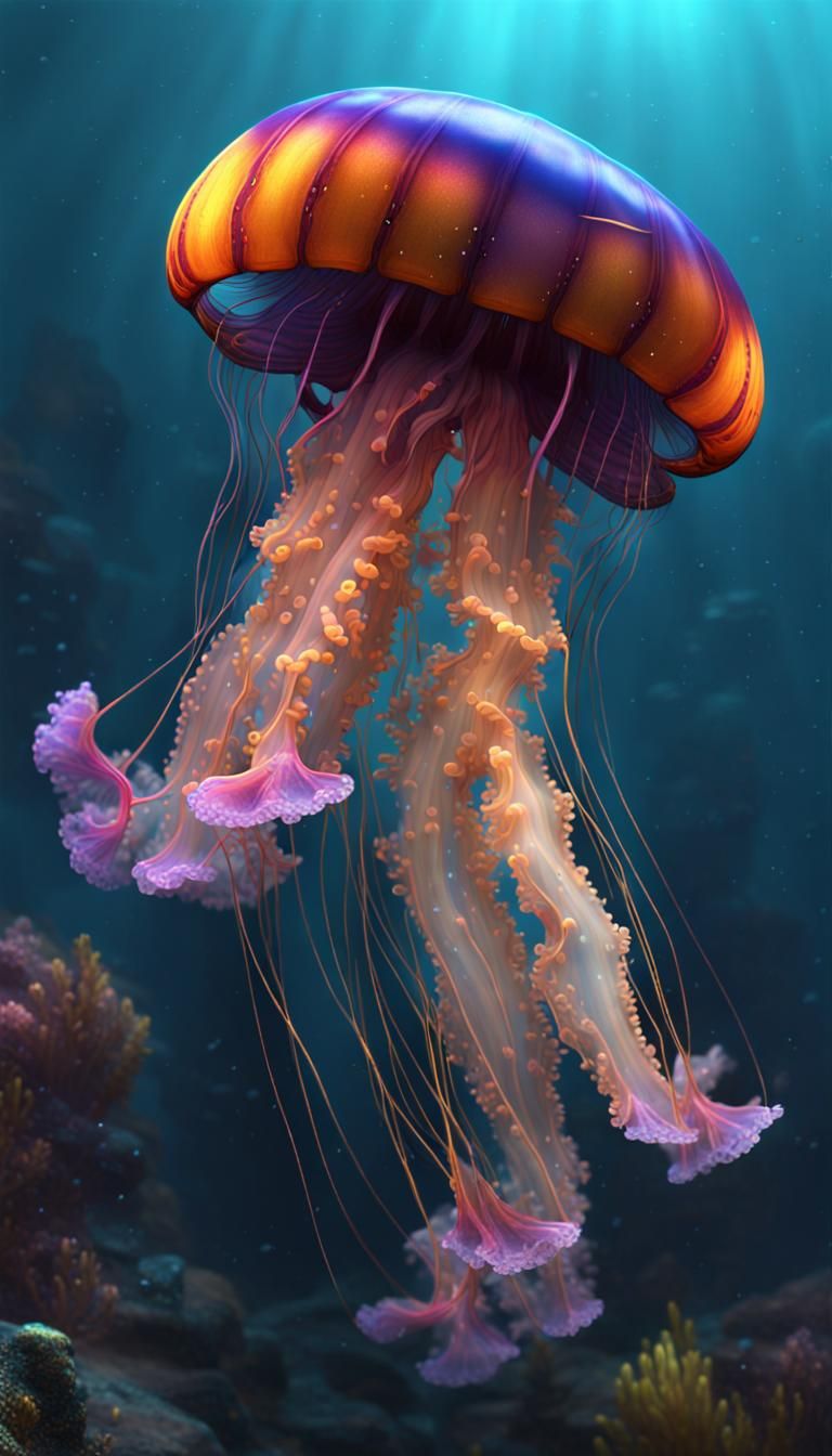 butterfly jellyfish enchanting a multicolored ocean fish with its sprays of color  by @Luz Decker