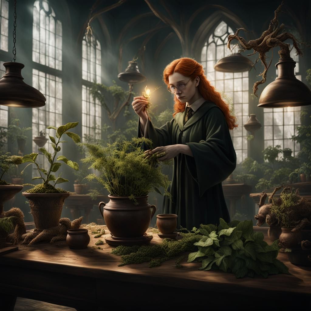 Harry Potter's herbology class volumetric lighting. AI Generated