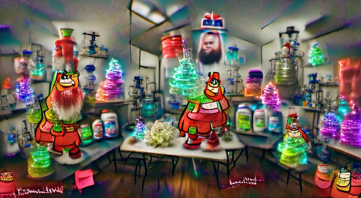 "Cartoon Christmas tree dressed like Santa-clause" in his laboratory filled with glowing bright-multi-colored-neon-glass-jars of magical potion lowbrow ambient occlusion HDR hyperrealism volumetric lighting 8k resolution 