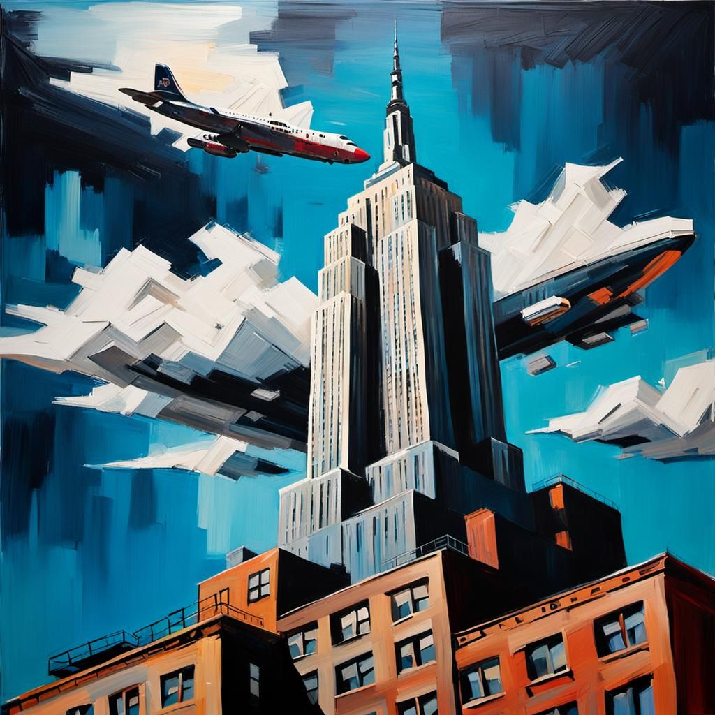 Show me "the Empire state building from street level looking up." "Make it look like an impasto oil painting."