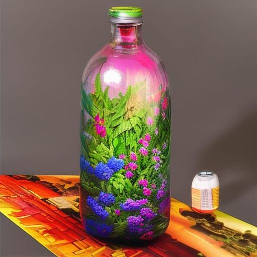 large glass bottle, vividly colorful flowers inside AI Generated