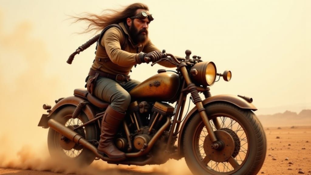 A grizzled, leather-clad warrior, adorned with brass goggles and a utility belt, rides a battle-scarred, steam-powered motorcycle, its metal...