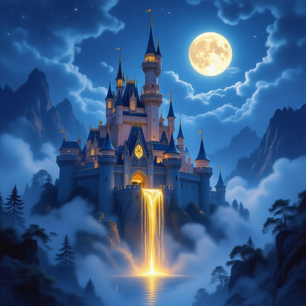 Golden Castle Under Moonlight: Ethereal Fantasy Landscape