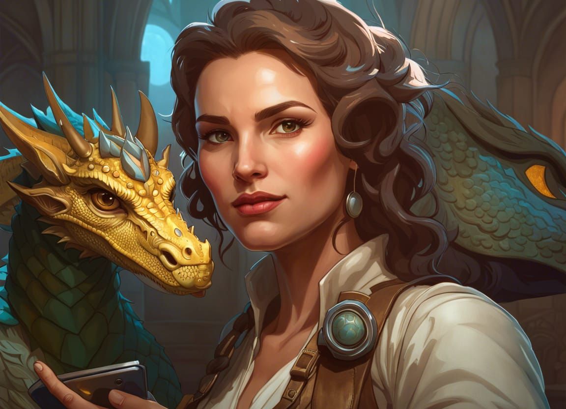 woman, archaeologist taking a selfie with a baby dragon, hea...