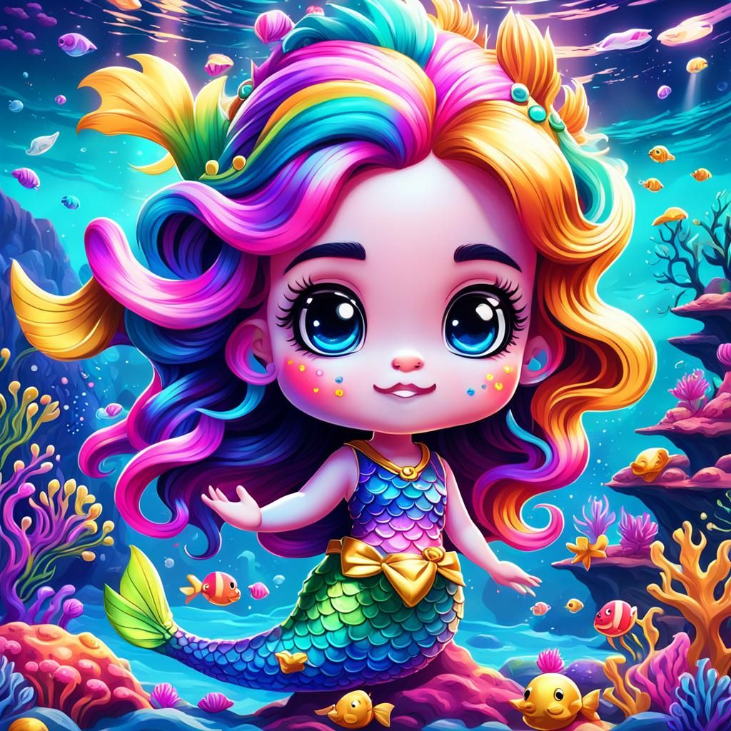 Cute chibi mermaid in the ocean Lisa frank style - AI Generated Artwork ...