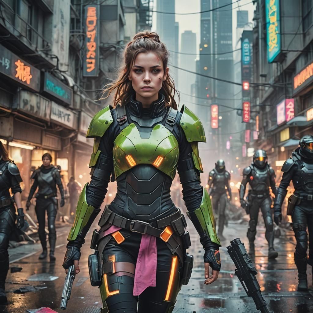 a beautiful female warriors of a futuristic high tech, post-apocalyptic city
