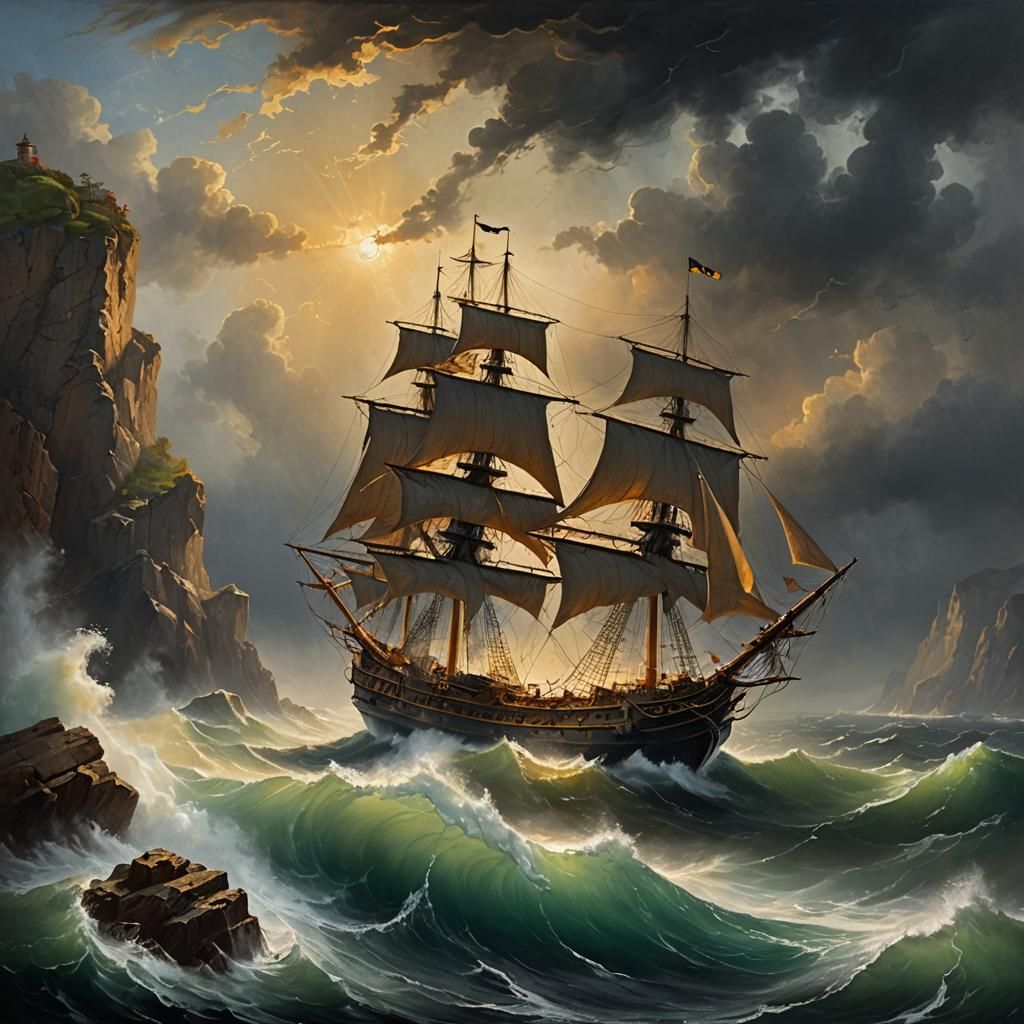 Sailing ship with black sails with Jolly Roger in a very rou...