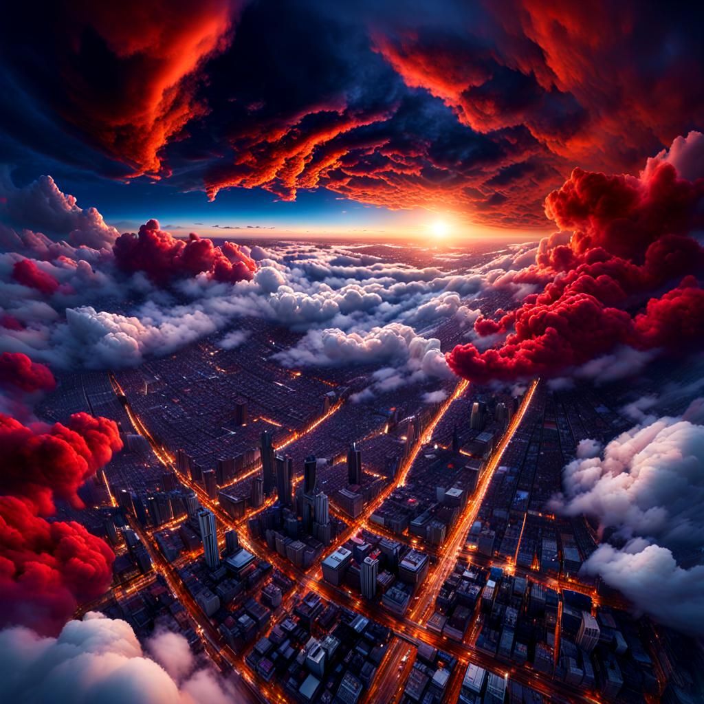 Hyperrealistic Cloudscape Over Metropolis in Abstract Style