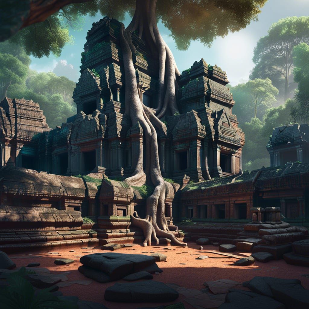Ta Prohm Temple, Cambodia, in the style of David Hockney