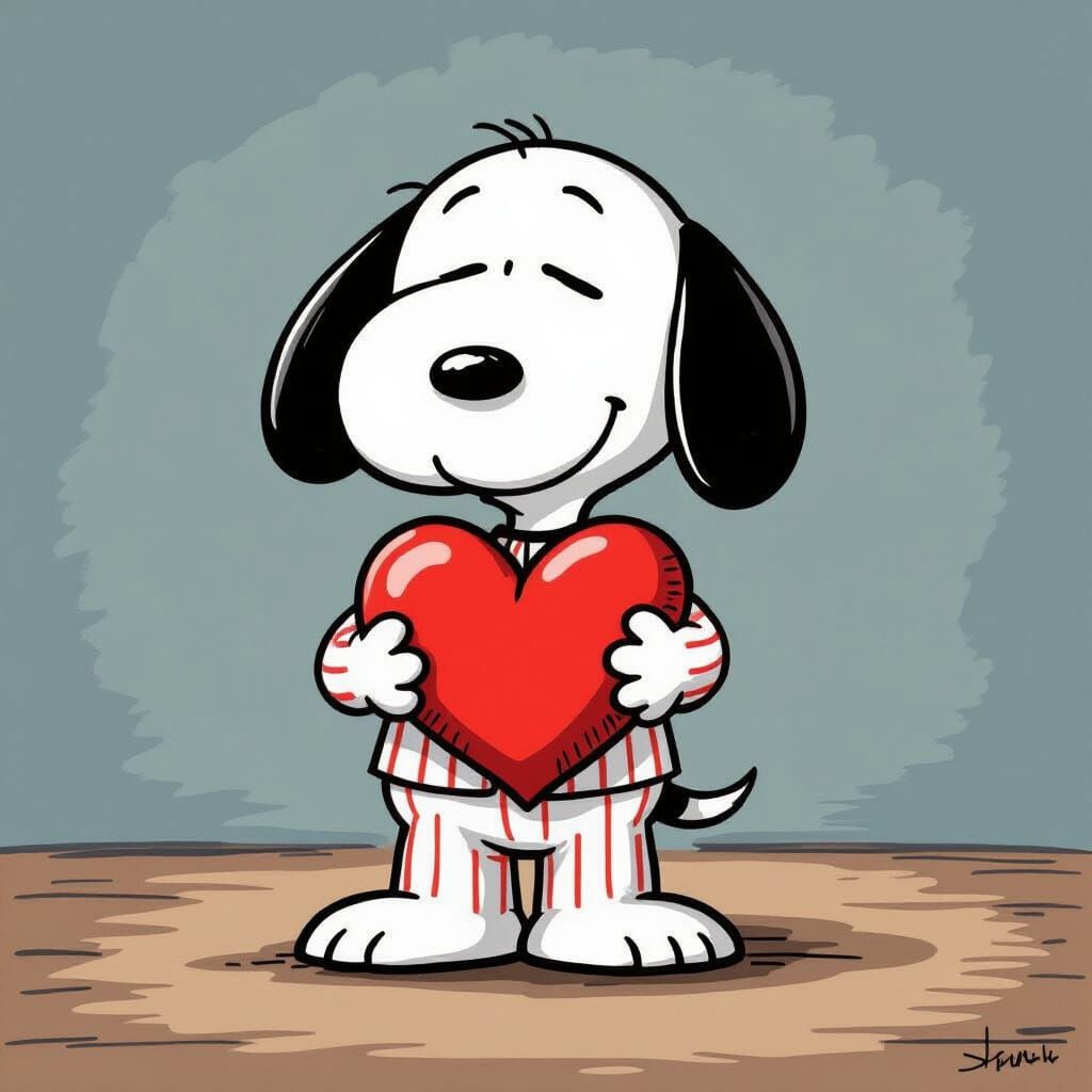 Snoopy holds a heart pillow in pajamas cartoon art style
