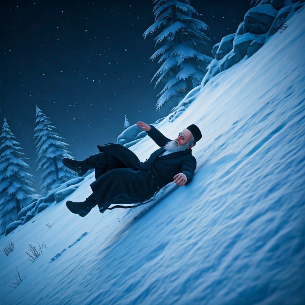 Hasidic Jew Rolls Down Snowy Hill as Anime Art