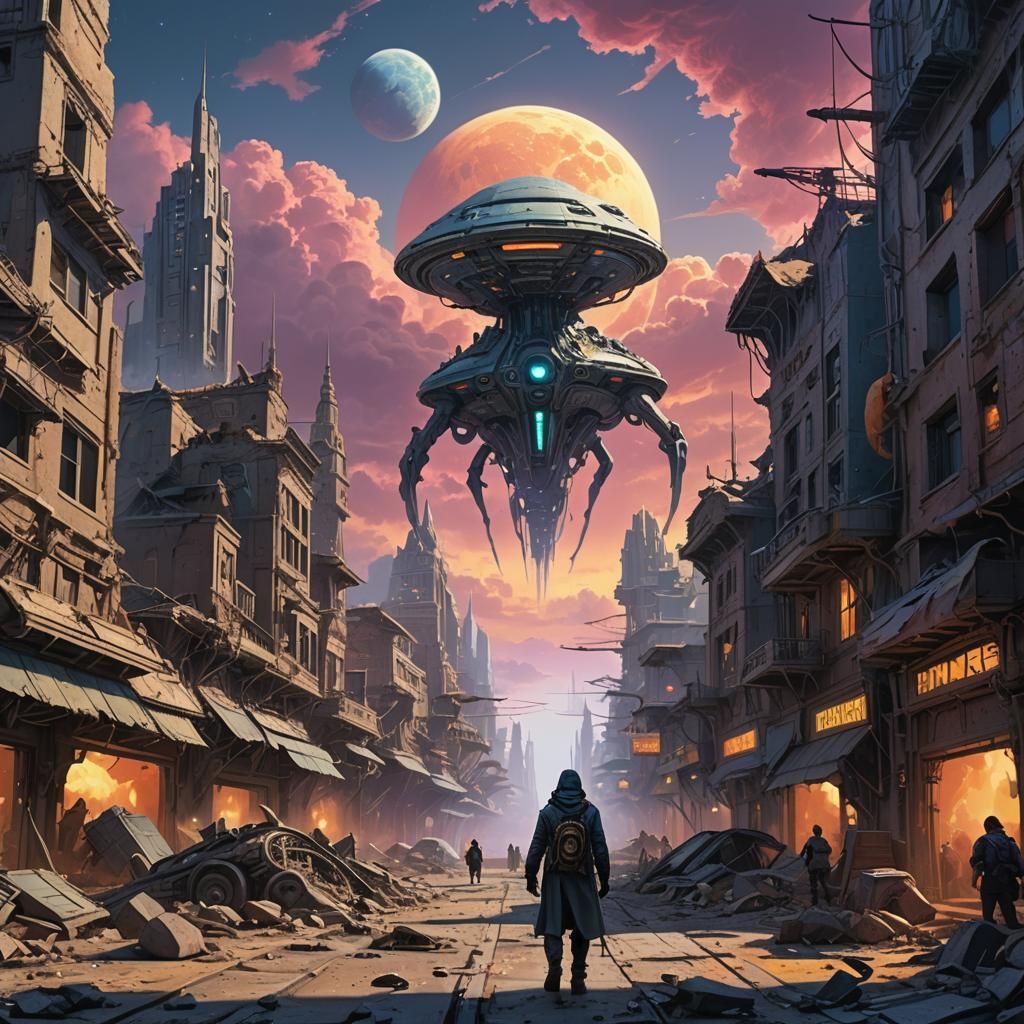 Alien in Ruined Moon City: Digital Steampunk Art