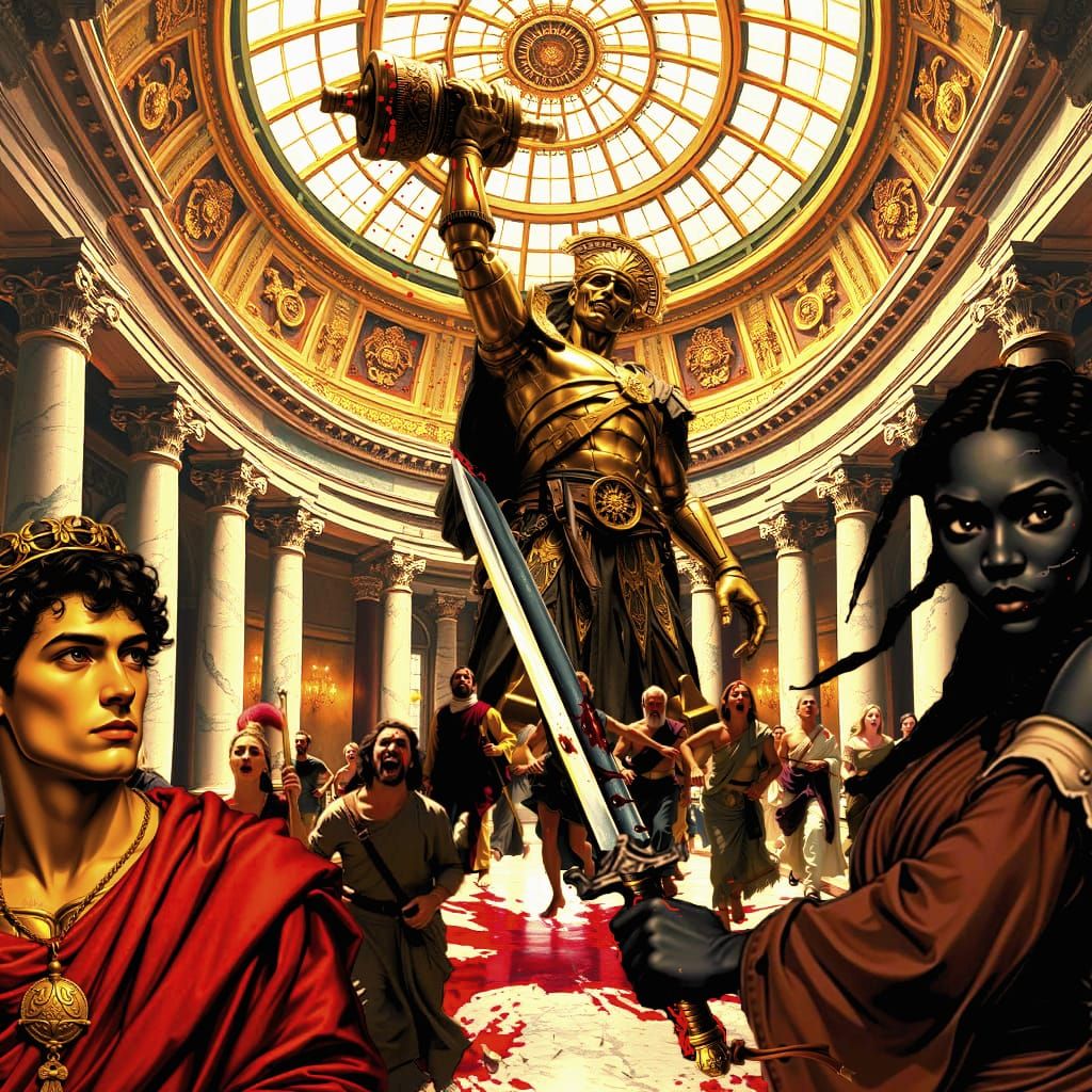 The Emperor Pleads with Syndeeka to Save His Court From the Rampaging Clockwork God