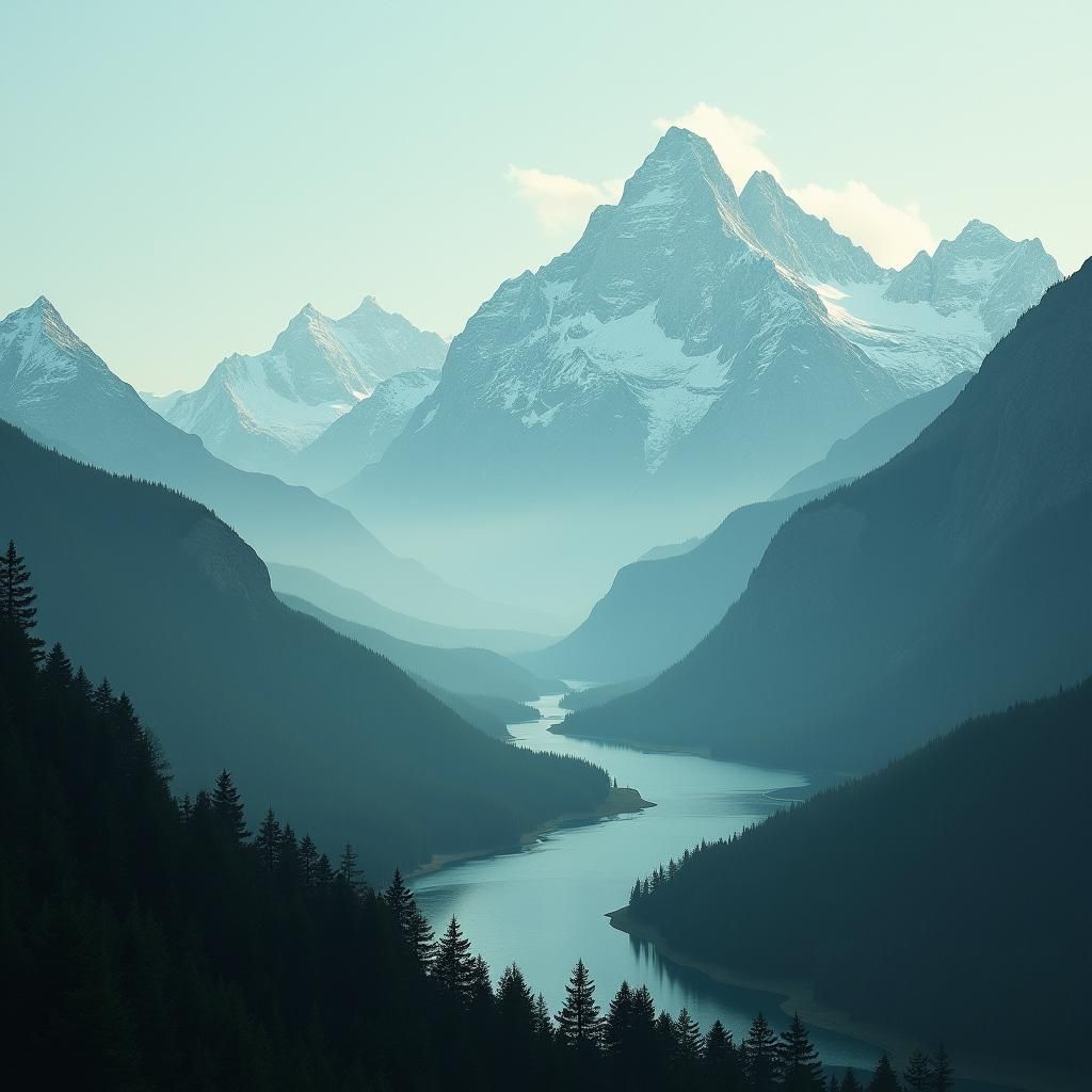 A dramatic mountain landscape, lush river valleys, snowy peaks, forests