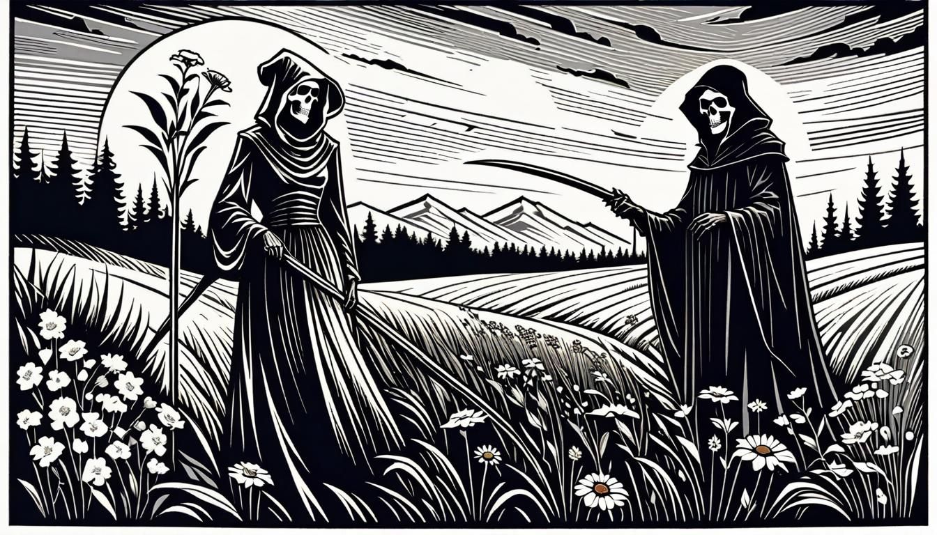 Grim Reaper and a beautiful young woman standing in a field ...