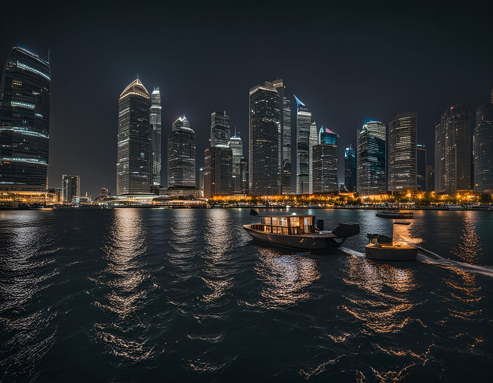 Nighttime Cityscape from the View of a Boat in the Water