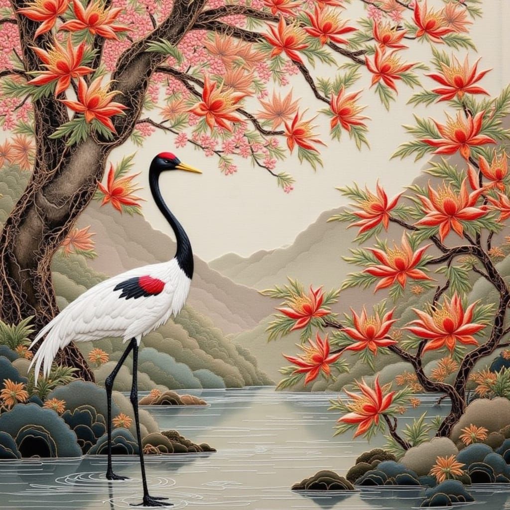 majestic crane in a lake, trees