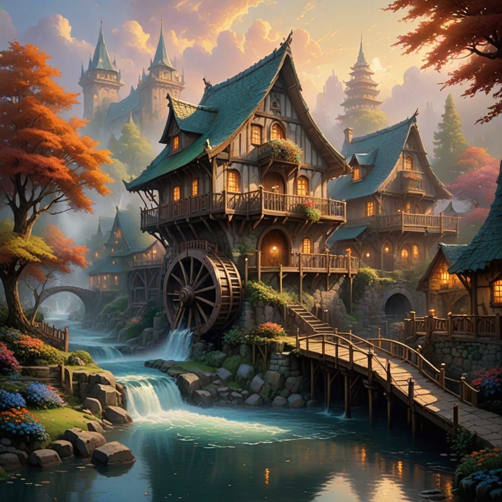 Concept art. Medium shot. A giant waterwheel powers a floating village with many ducks. Low-angle shot. ...  by @odd-duck