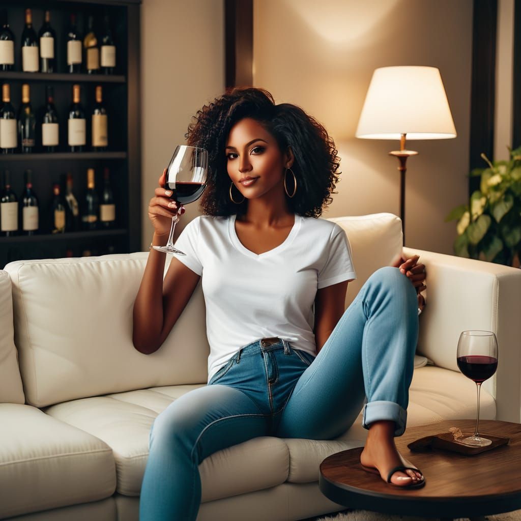 A full body shot of an ebony woman wearing a white t-shirt, ...