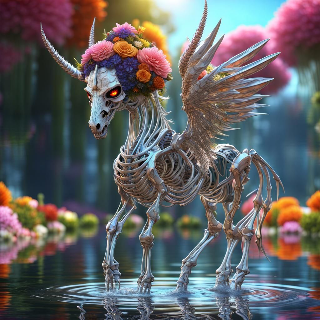 titanium wire body of an hybrid humanoid Pegasus skeleton wi...