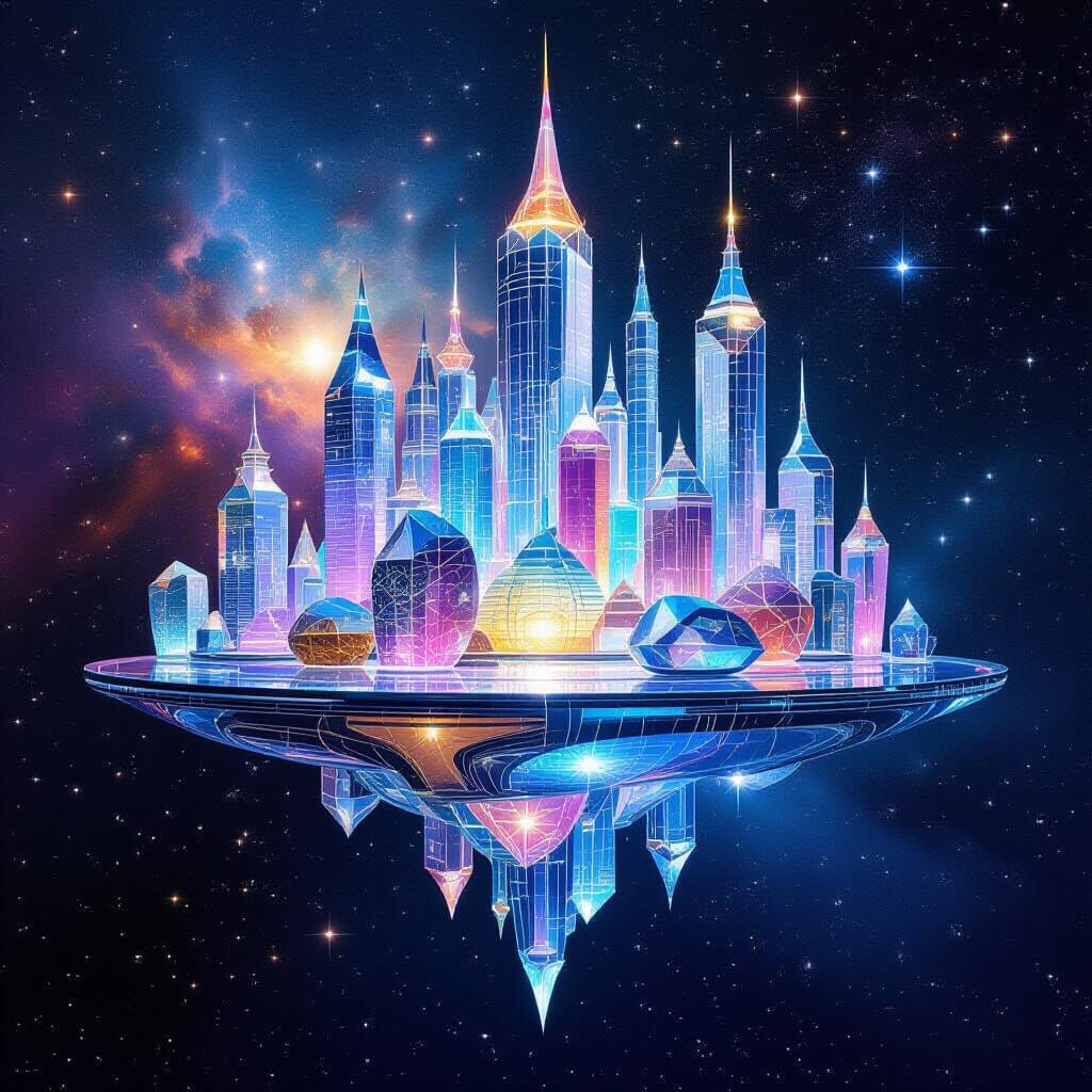 Luminous Glass City in Nebula: Futuristic Crystalline Archit...