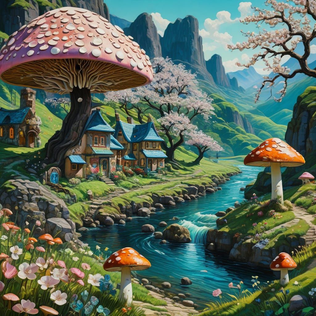 Art Nouveau Impasto of Giant Mushroom Landscape