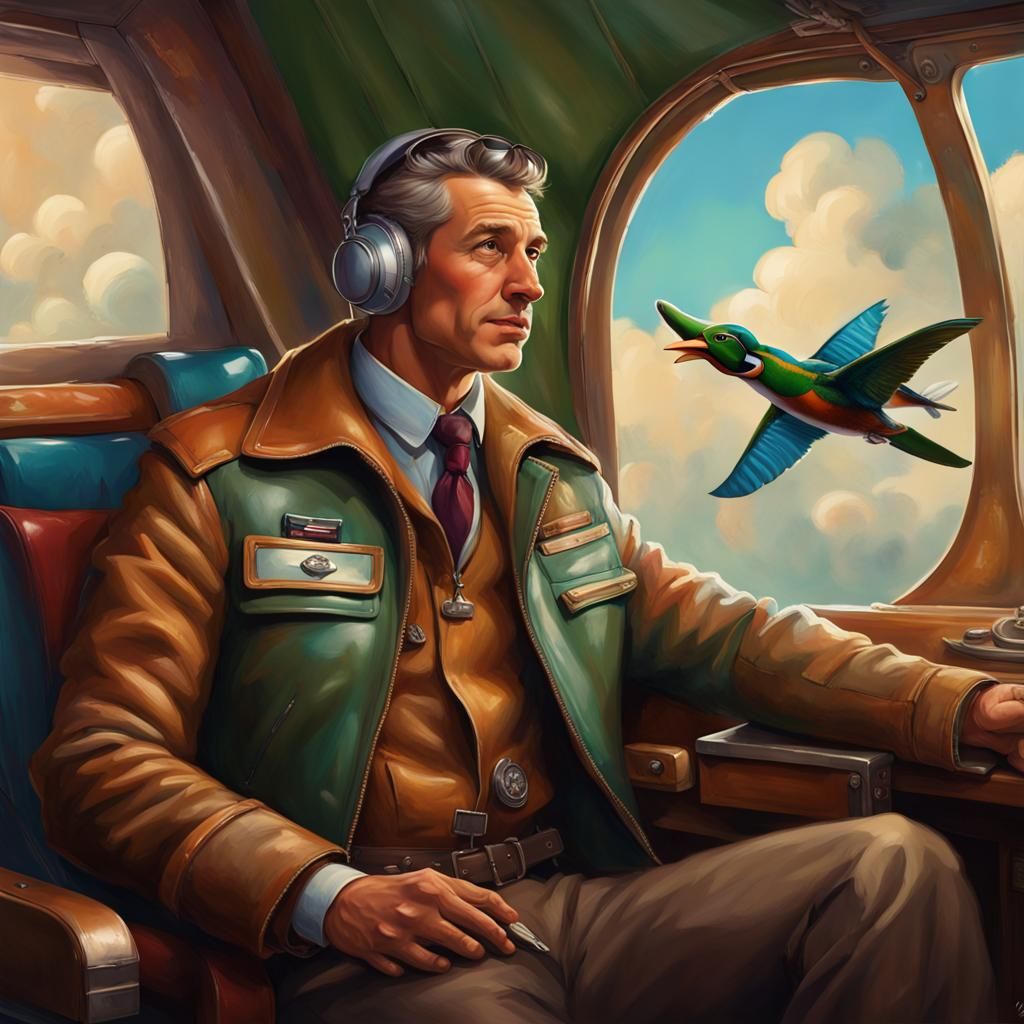 Imagine a very colourful detailed feathered Tapestry showing a close up of a vintage pilot dressed in ...  by @mansai