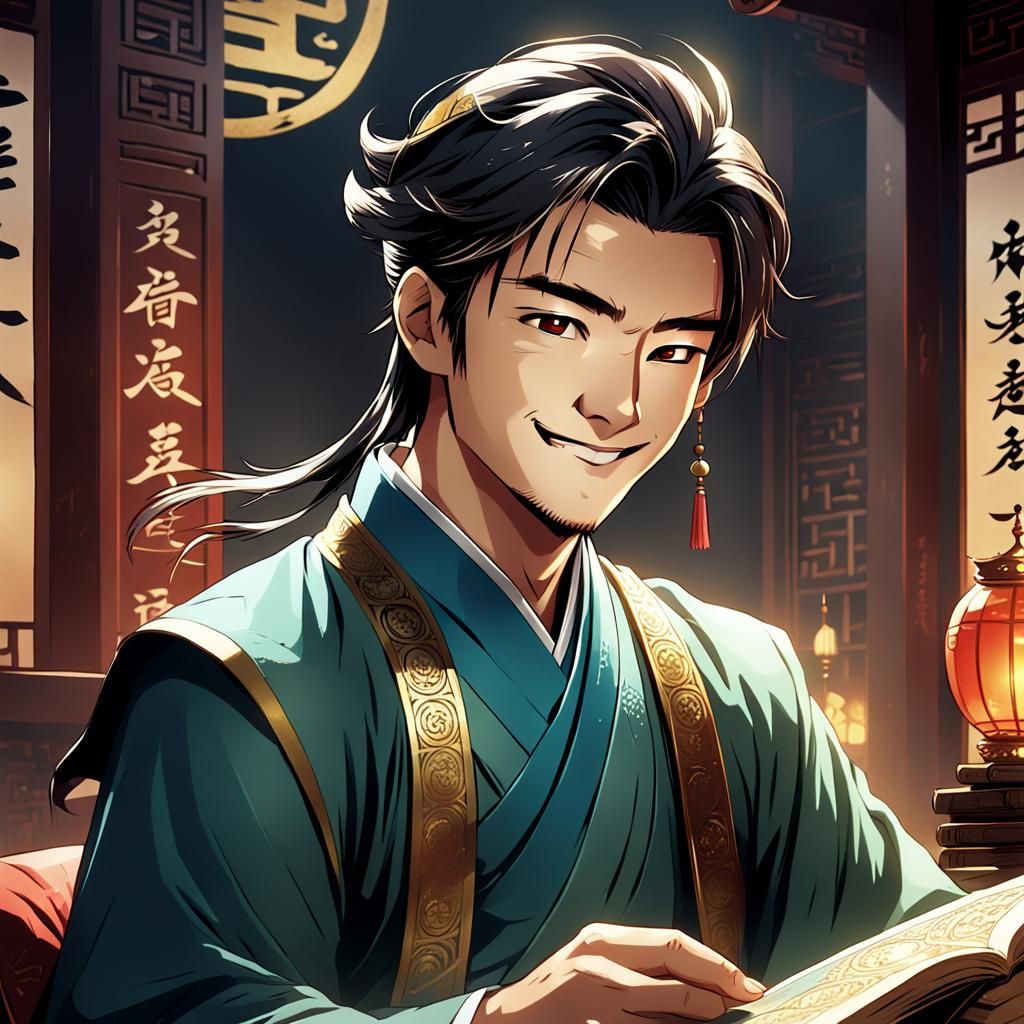 (ancient china) a (handsome prince) smiling while reading
 Masterpiece, Best Quality, flat, Manga Scan, Anime, cinematic...