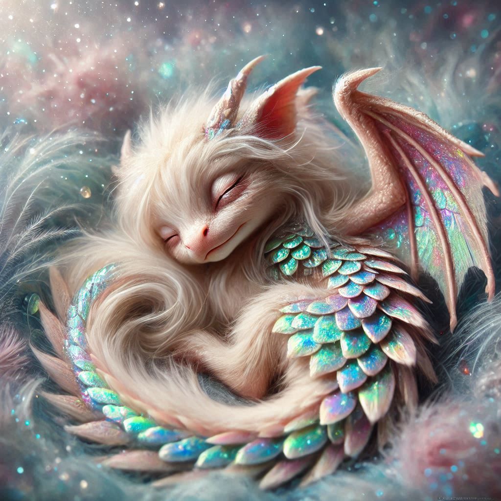 A sleeping cute fluffy baby dragon