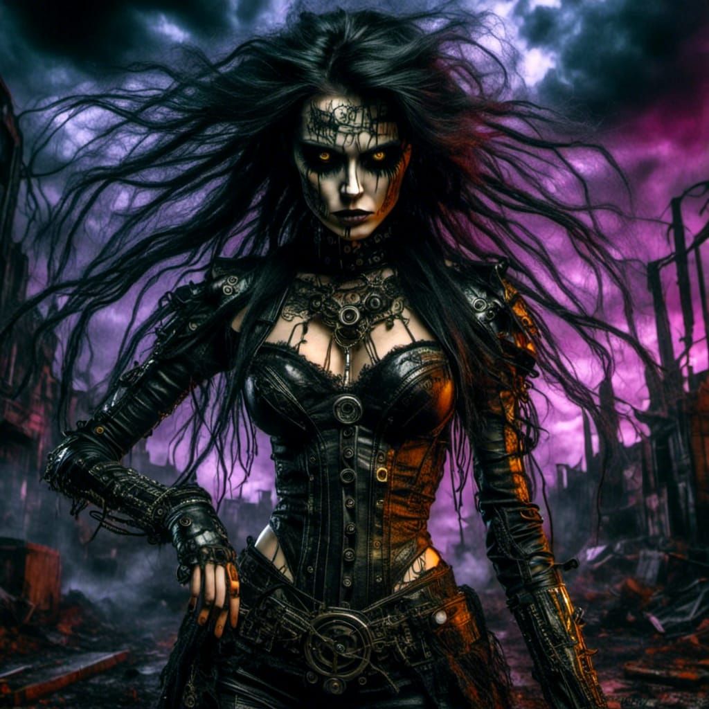 <lora:CyberGothica:1.0>  a hyperrealistic image of a attractive woman in the style of Simon Bisley with a sinister mood and a more sinister...