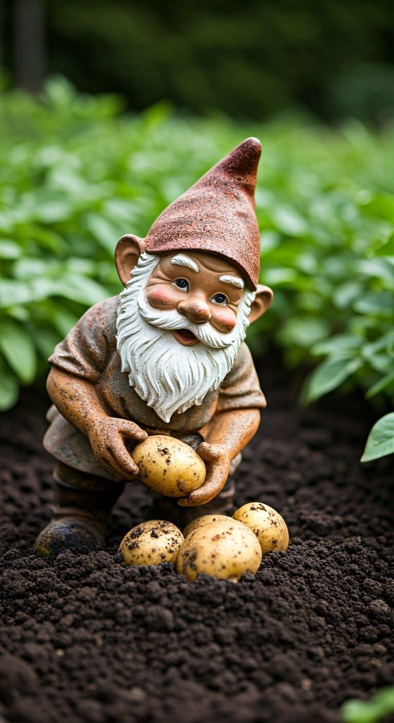 Aged, rusty and worn garden gnome digging up fresh grown potatoes from a LUSH & VERDANT GARDEN
