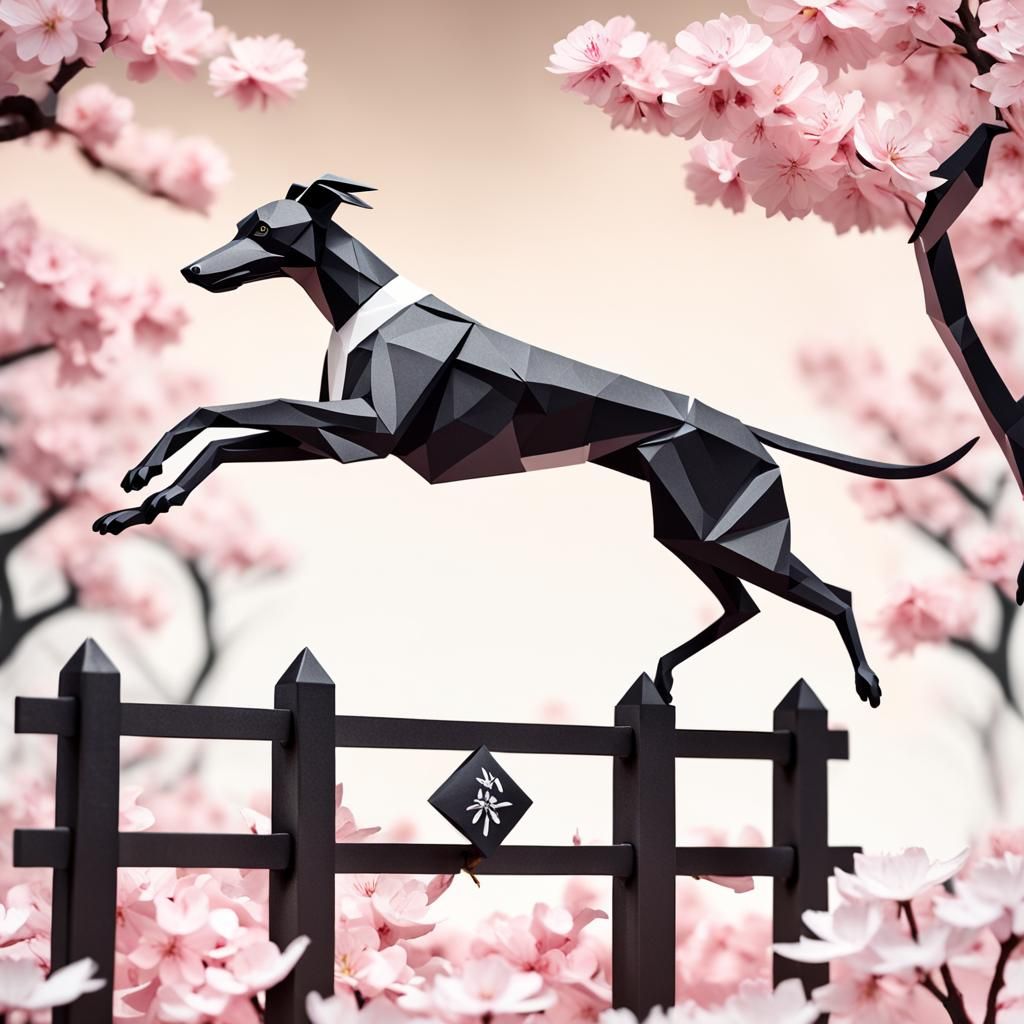 Black greyhound with white chest jumping over high fence in a orchard