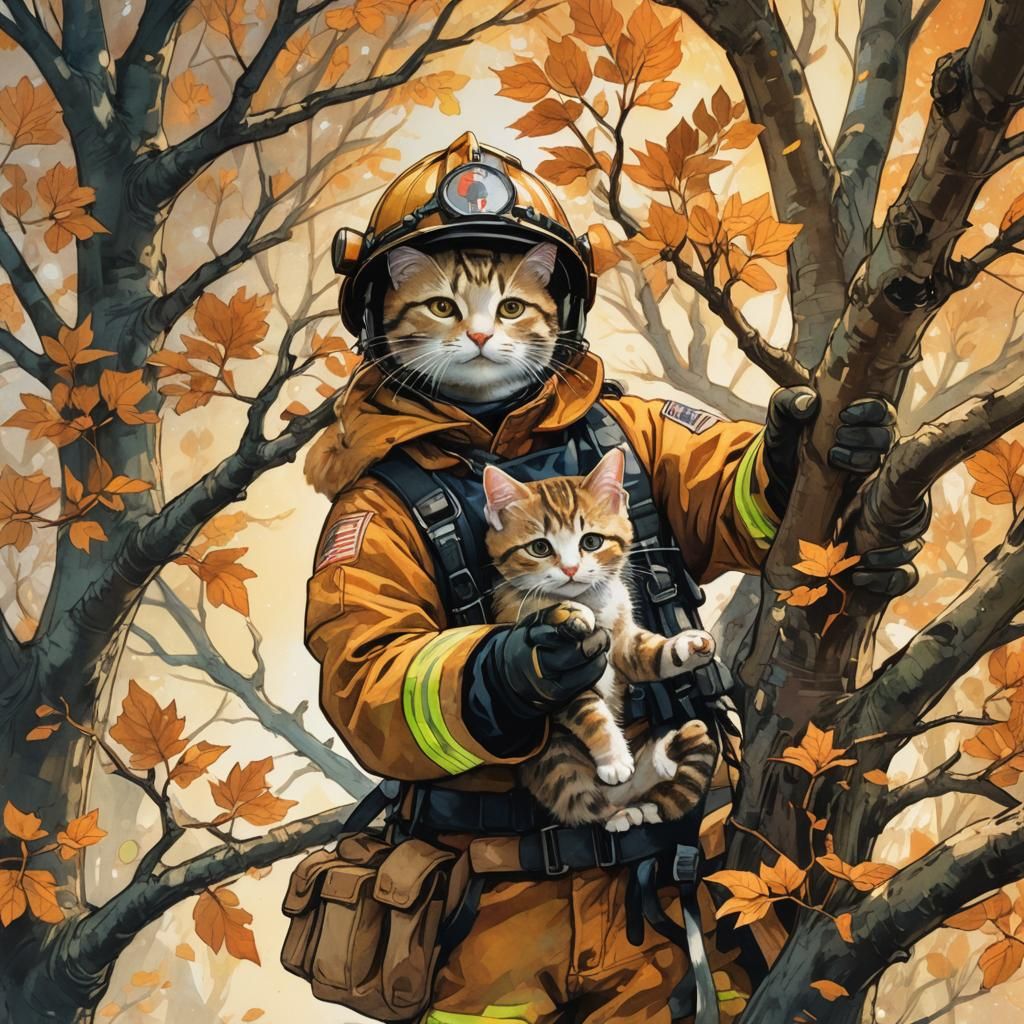 A cat Firefighter Helping a Cat out of a Tree