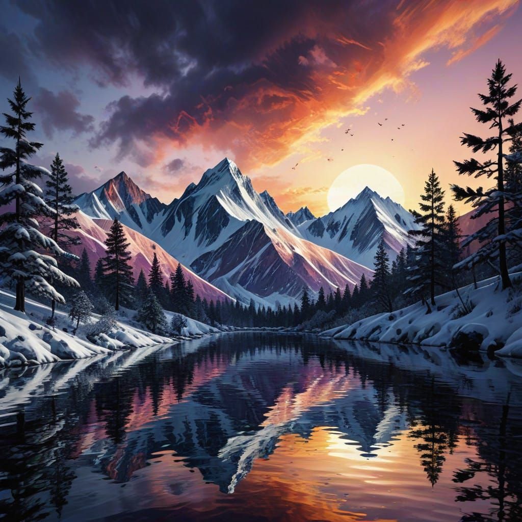 Abstract picture of snow covered mountains through silhouetted trees at sunset water color   by @Mauve Marauder
