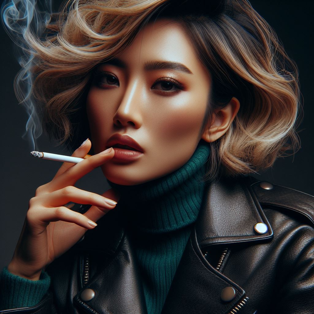 Japanese girl in leather, smoking