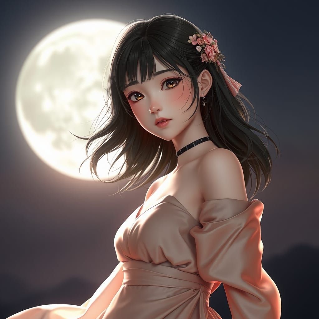 A young girl wearing a silk dress with a full moon in the ba...