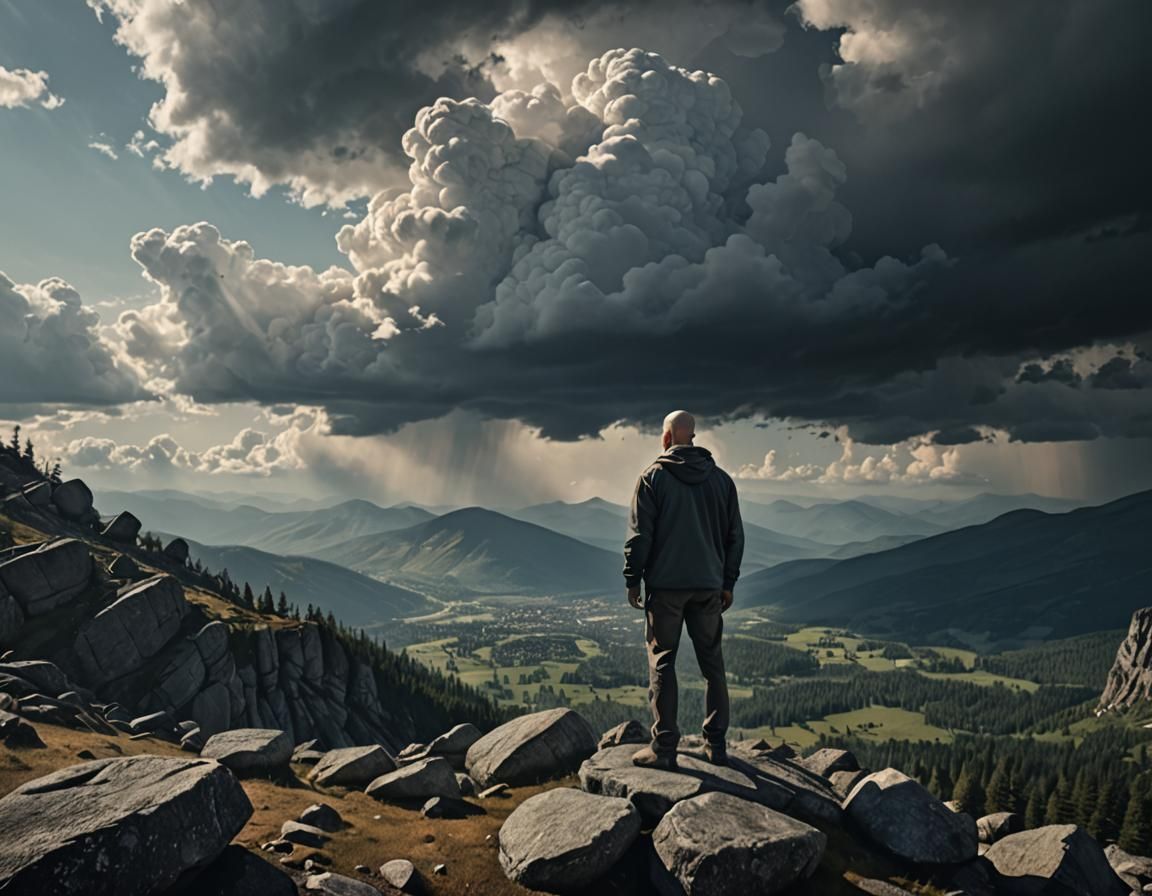 a large bald fit man standing on top of a mountain sad and f...