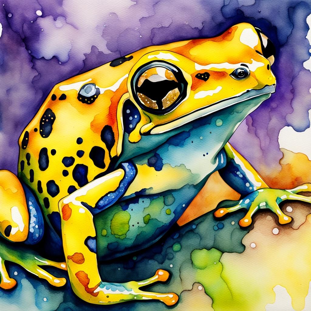 closeup watercolor and alcohol ink painting of a poison golden yellow dart frog, vivid colors
