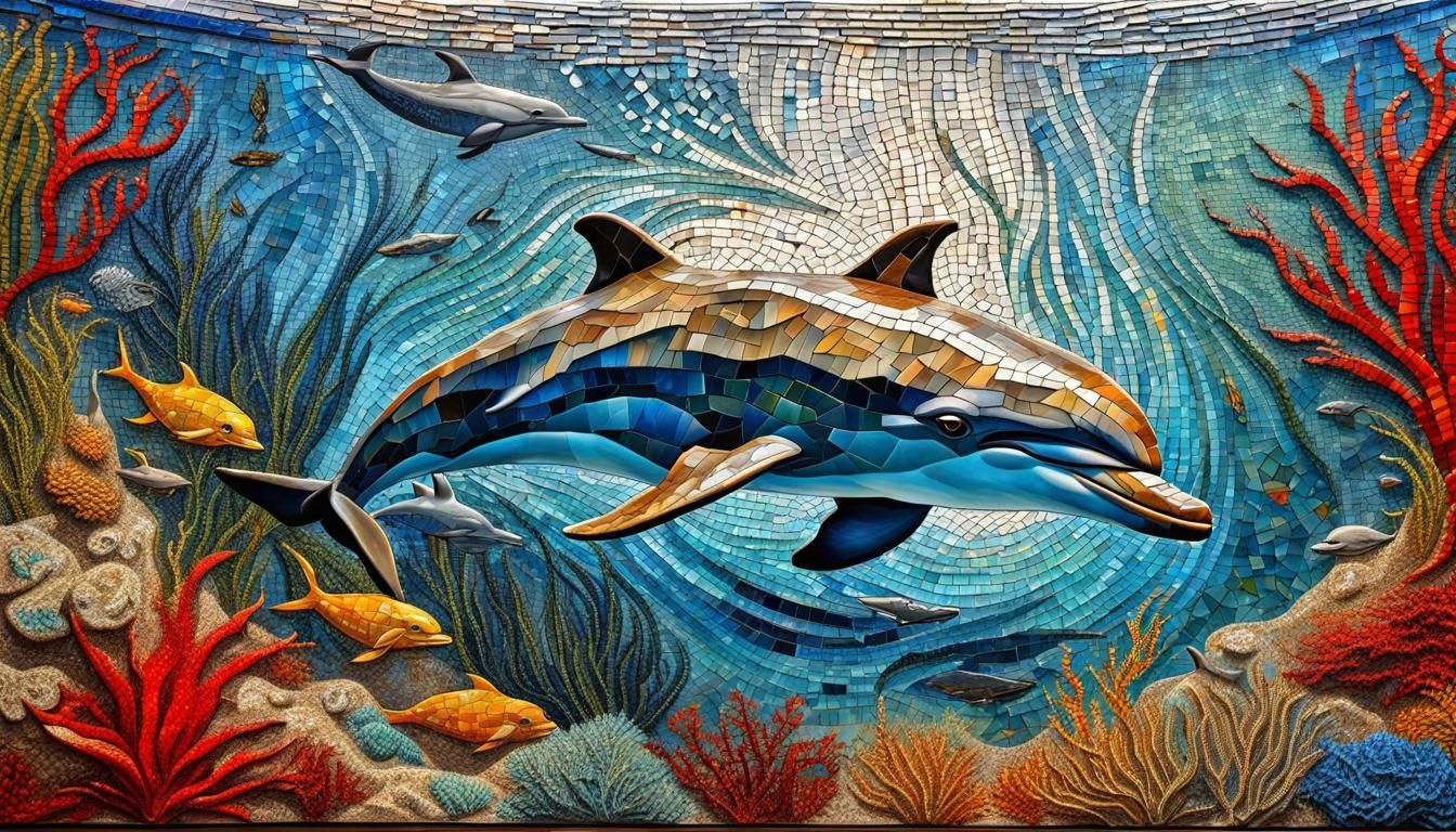 Dolphin mosaic brightly colored mosaic with seaweed trailing...