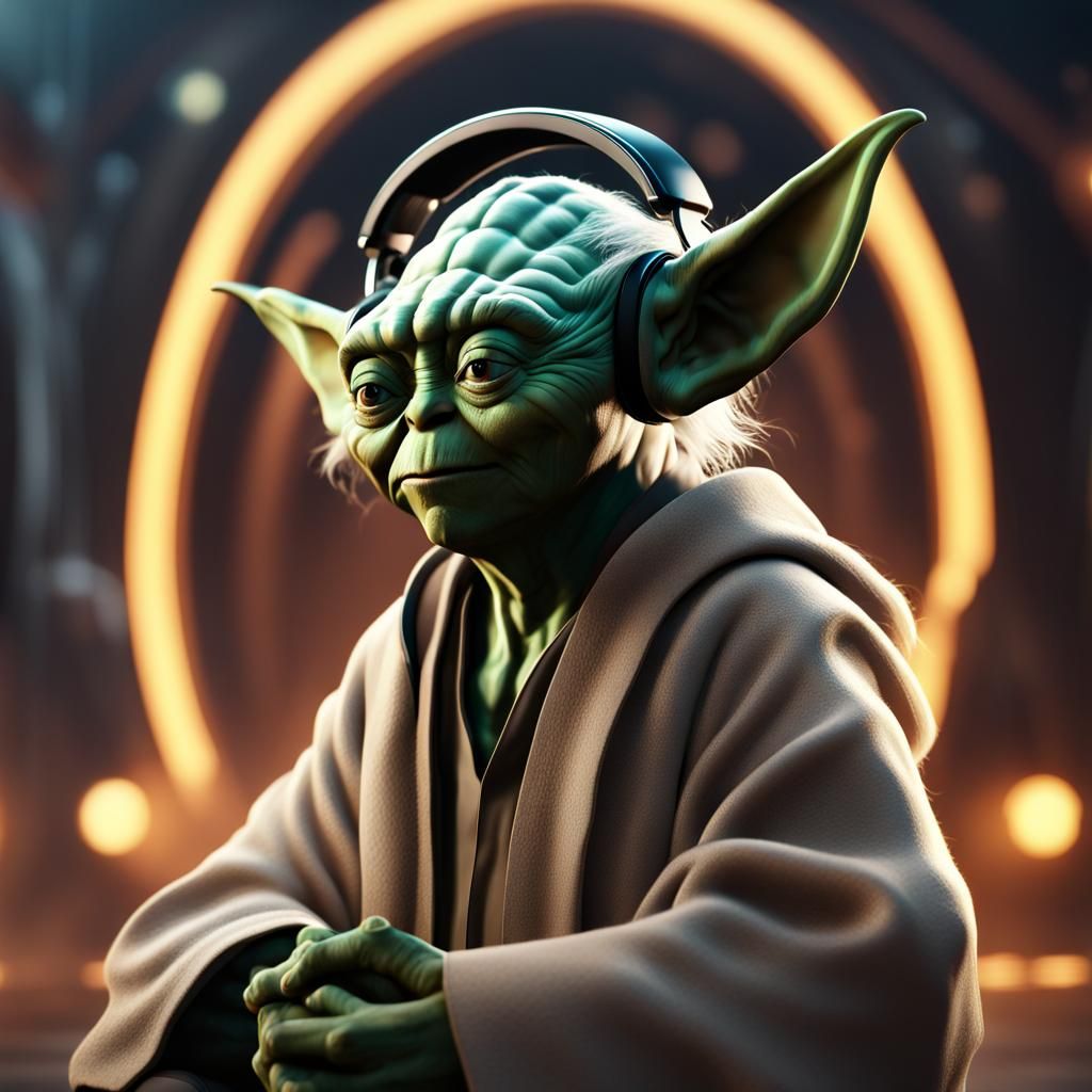 Master Yoda from Star Wars listening to music on his black h...