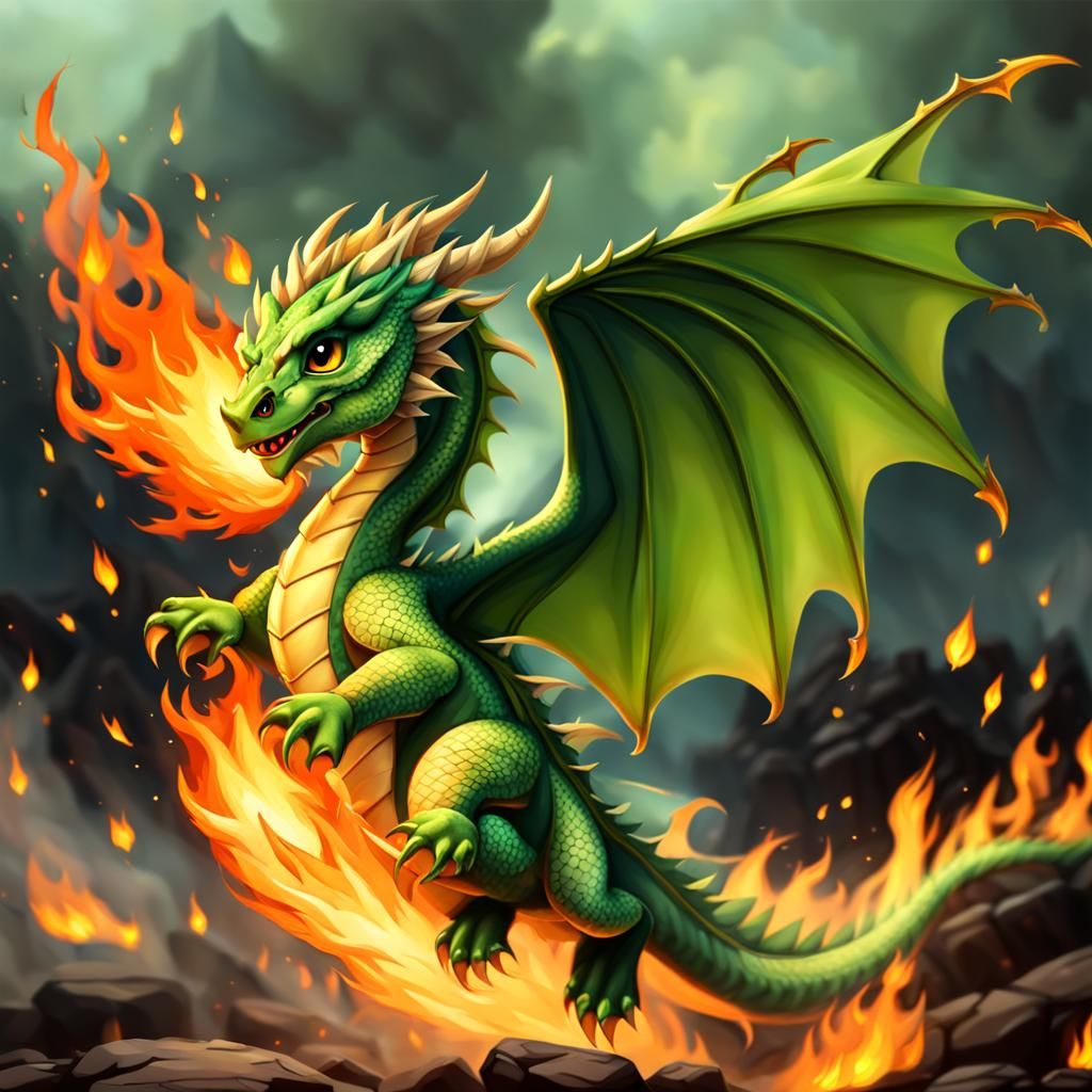 cute baby green fire dragon flying in fire - AI Generated Artwork ...