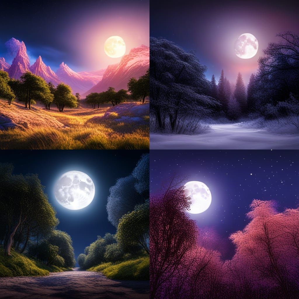 beautiful night sky, stars, full moon framed by trees, mysti...